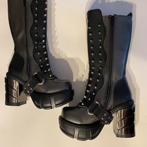 Demonia Black leather spiked boots, size 6